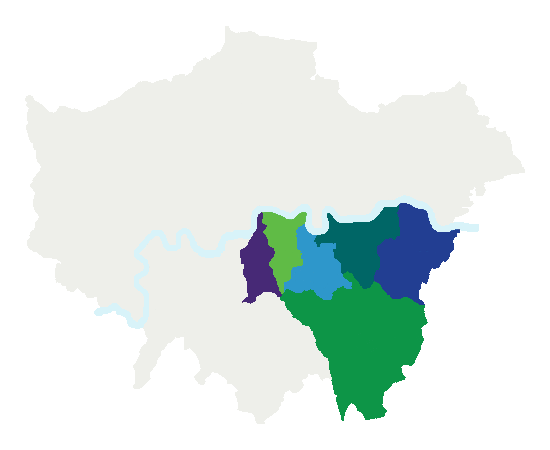 Map of London showing south-east London Boroughs